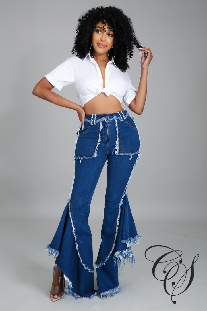 Elie Flare Denim Pants with Wing Ruffle Sides