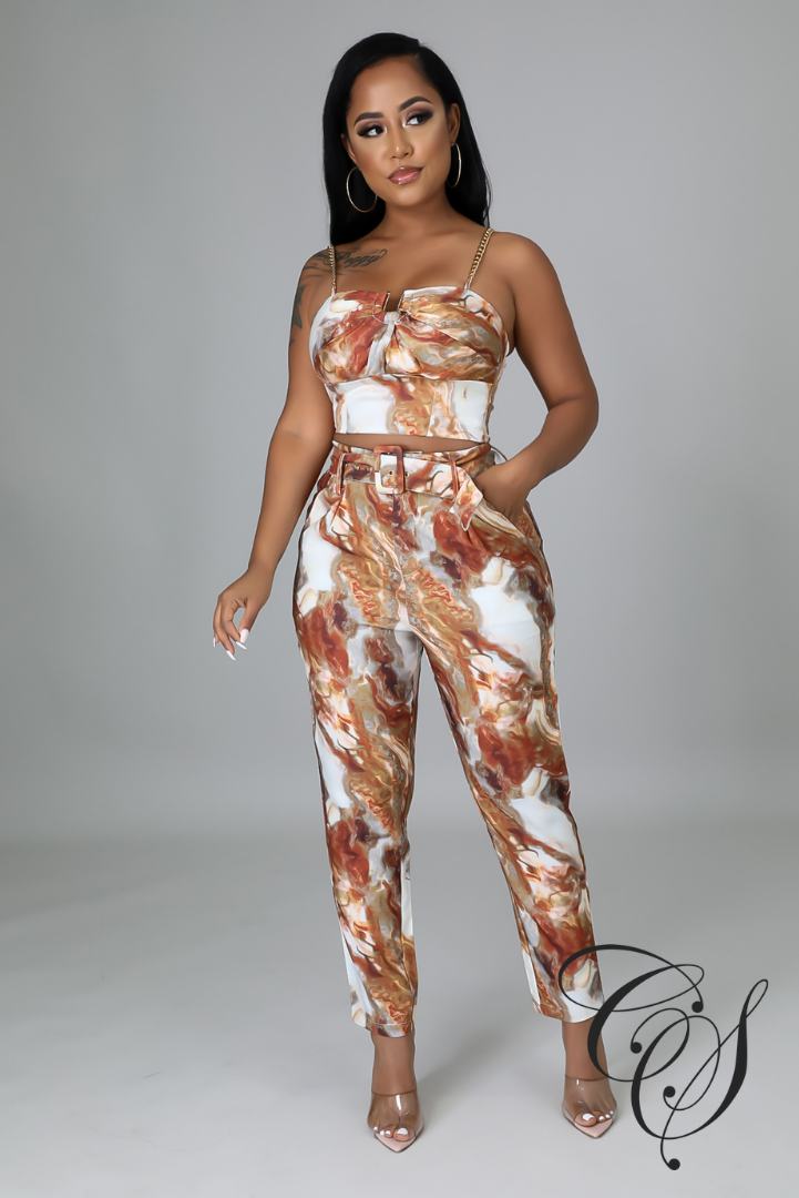 Erin Marble Print Chain Strap Top & Cigarette Pants Set
