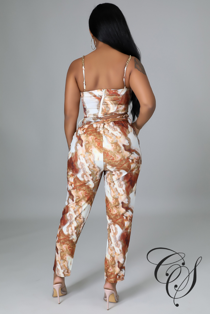 Erin Marble Print Chain Strap Top & Cigarette Pants Set