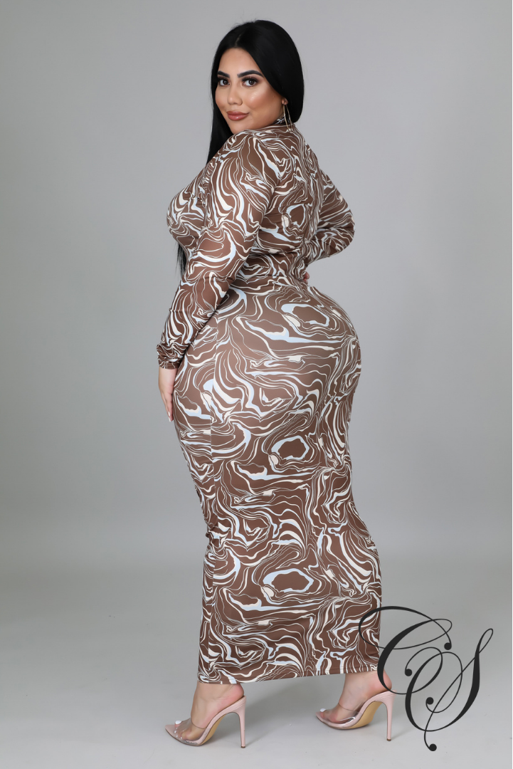 Fay Mocha Swirl Print High Neck Bodycon Dress