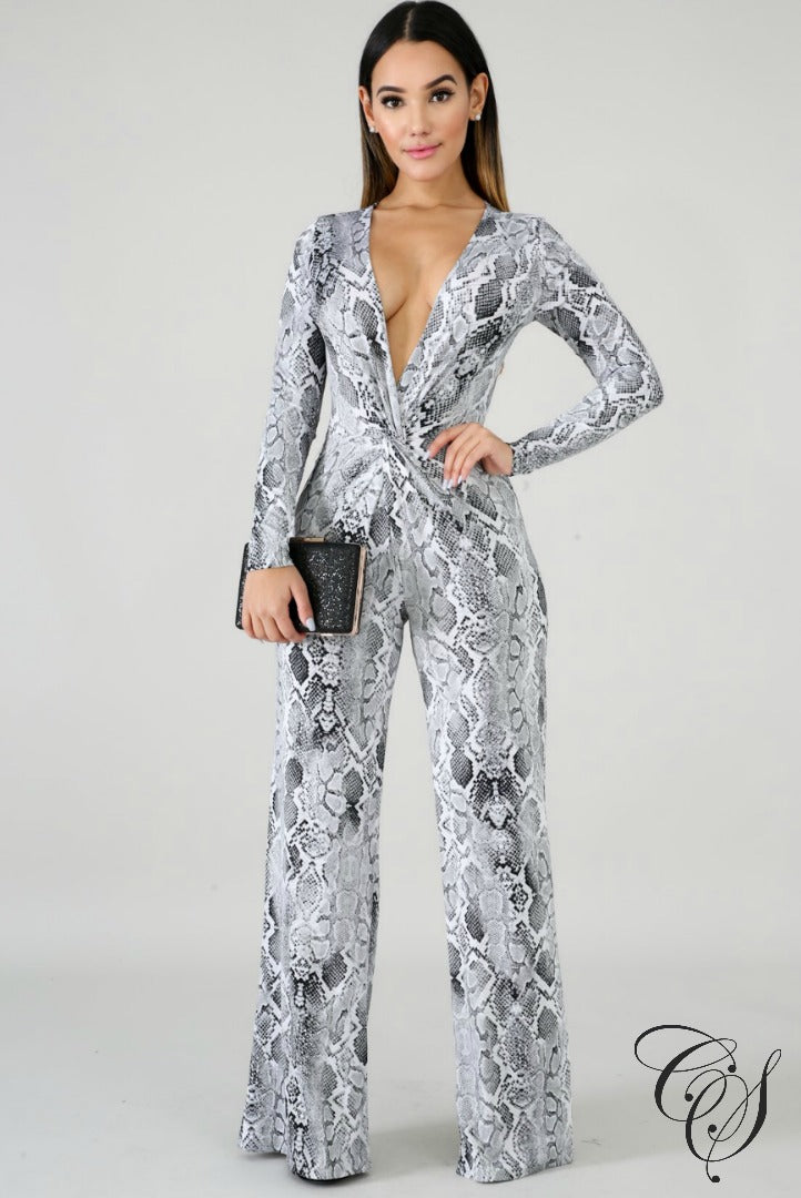 Hailey Plunging Snakeskin Jumpsuit, Jumpsuit - Designs By Cece Symoné