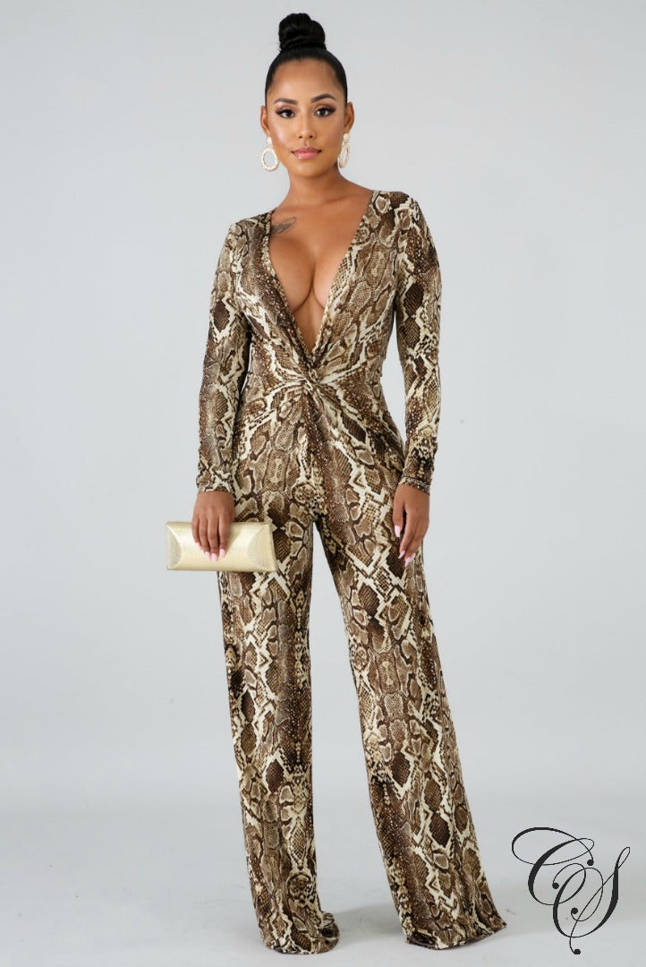 Hailey Plunging Snakeskin Jumpsuit, Jumpsuit - Designs By Cece Symoné