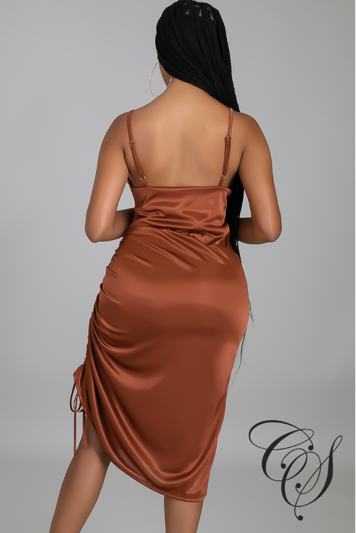 Heavenly Satin Strappy Cowl Neck Ruched Bodycon Dress