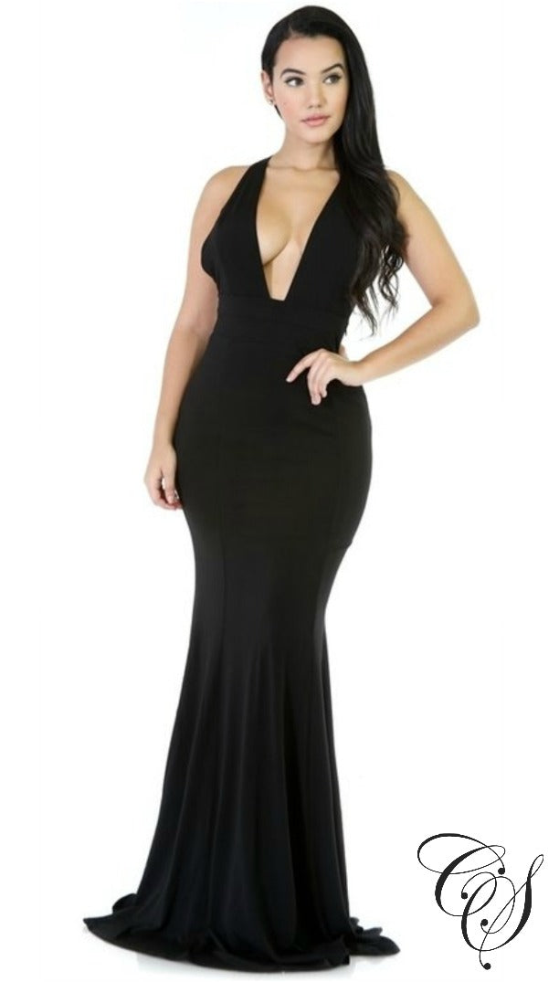 Henrietta Black Deep V-Neck Formal Maxi Dress, Dresses - Designs By Cece Symoné
