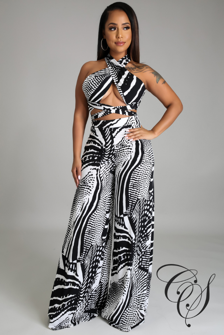 Janette Monochrome Cross Wrap Self Tie Top Pant Set