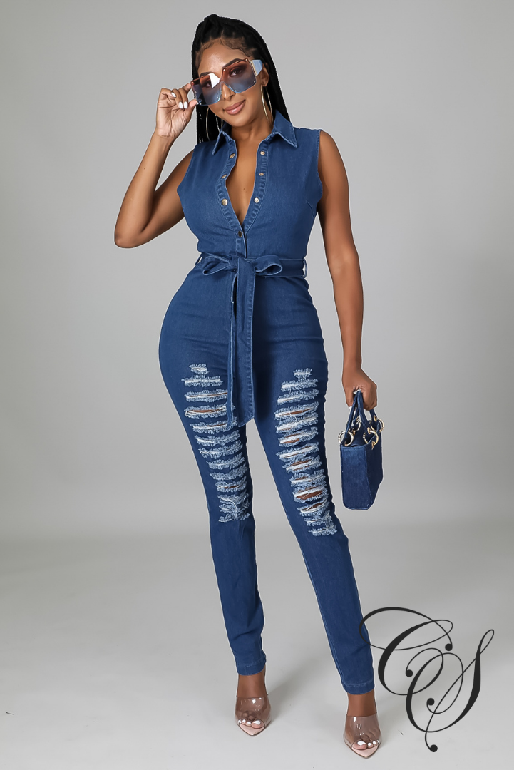 Josie Denim Distressed Button Up Jumpsuit
