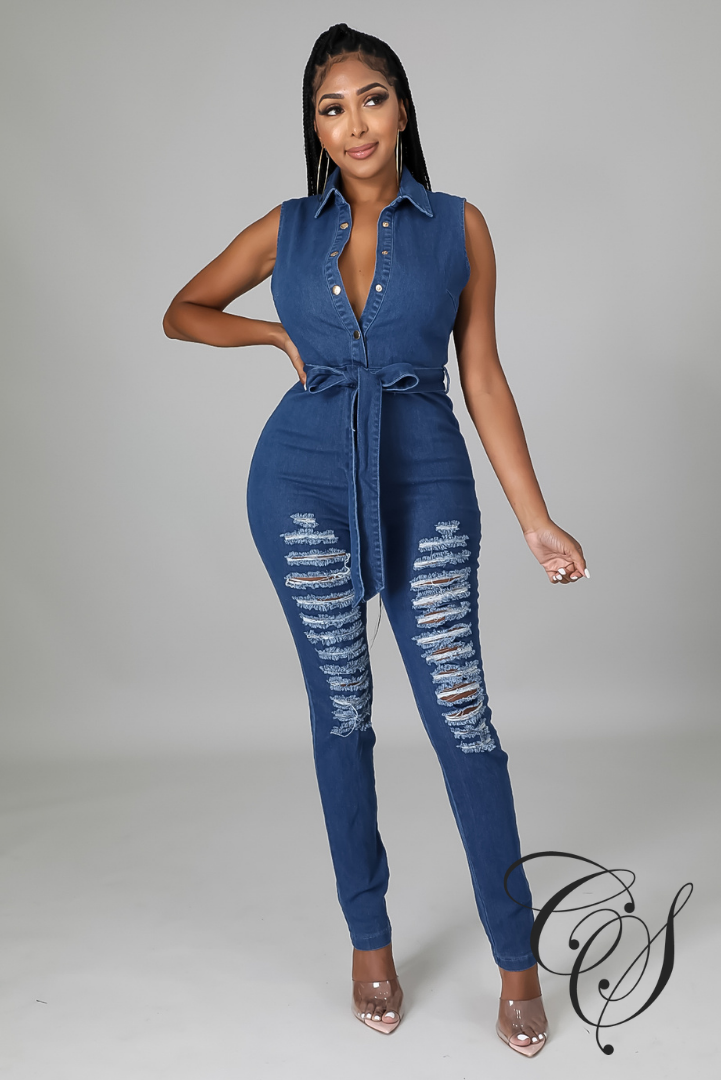 Josie Denim Distressed Button Up Jumpsuit