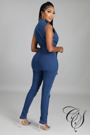 Josie Denim Distressed Button Up Jumpsuit