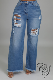 Kj High Rise Destroyed Straight Wide Leg Jeans