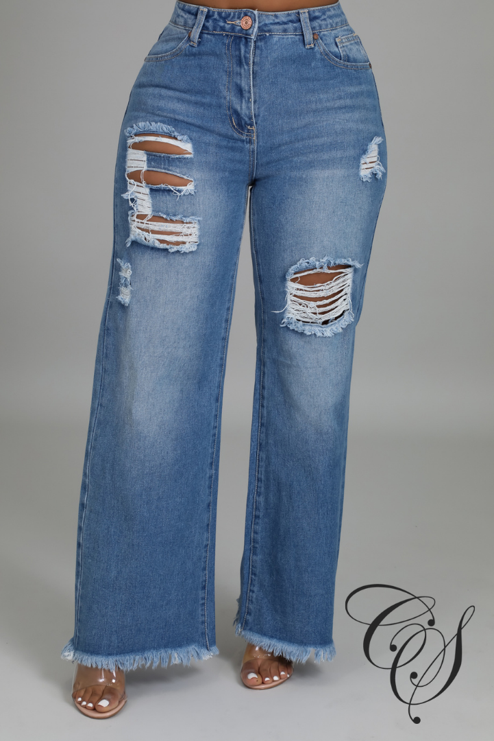 Kj High Rise Destroyed Straight Wide Leg Jeans