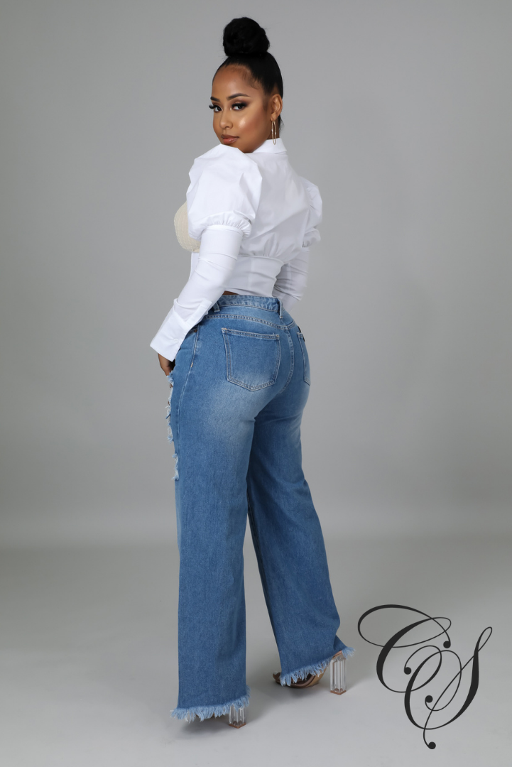 Kj High Rise Destroyed Straight Wide Leg Jeans