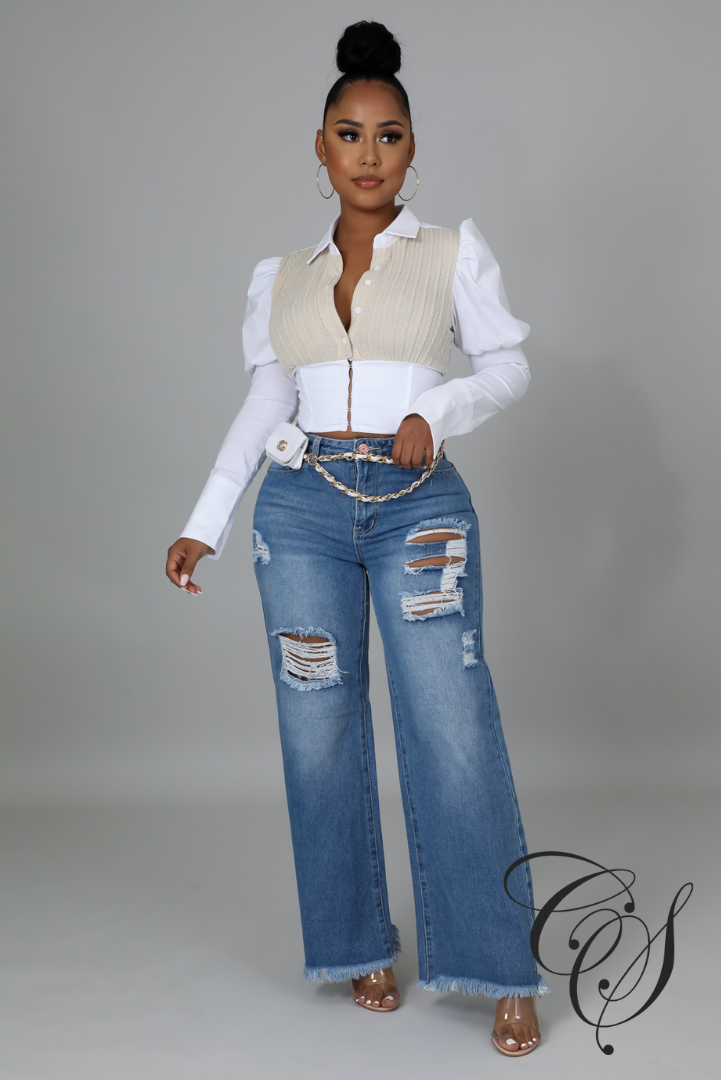 Kj High Rise Destroyed Straight Wide Leg Jeans
