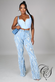 Kris Diamond Destroyed Ripped Flare Denim Pants