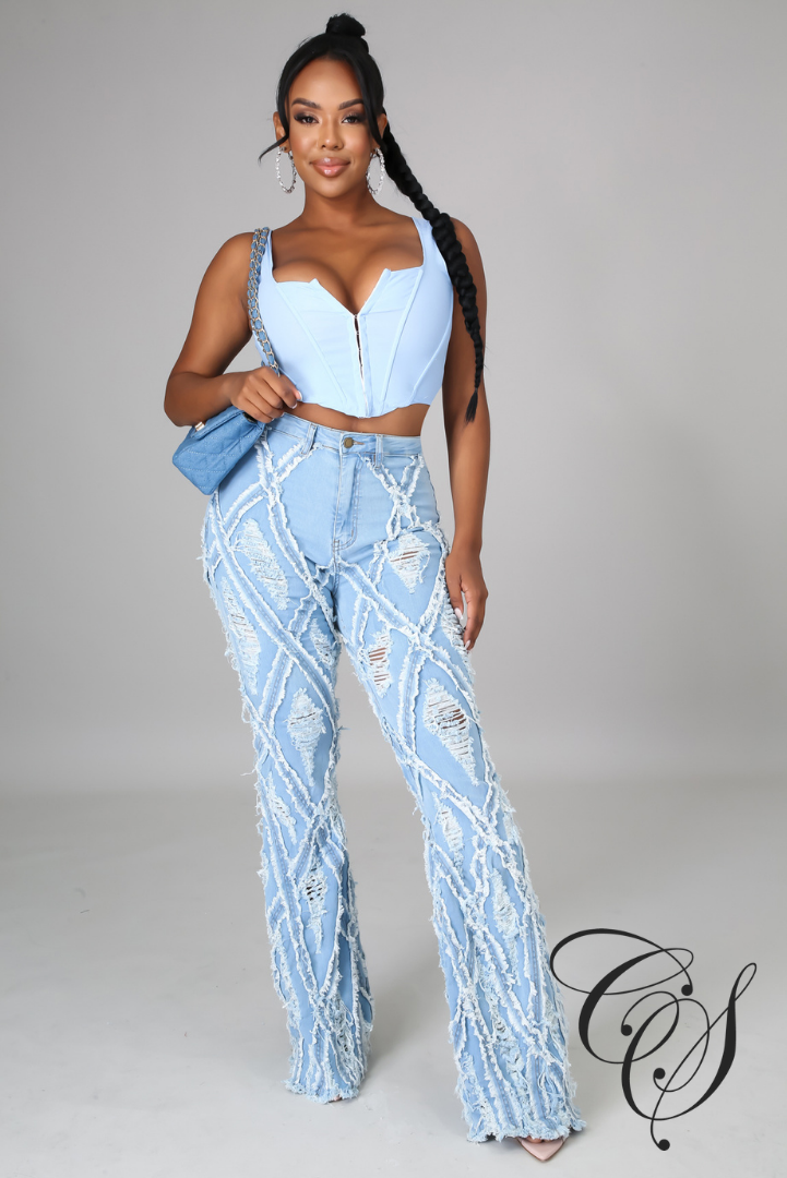 Kris Diamond Destroyed Ripped Flare Denim Pants