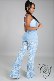 Kris Diamond Destroyed Ripped Flare Denim Pants
