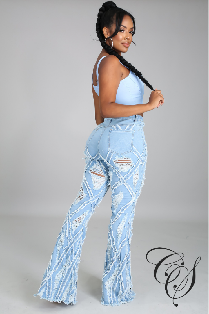 Kris Diamond Destroyed Ripped Flare Denim Pants
