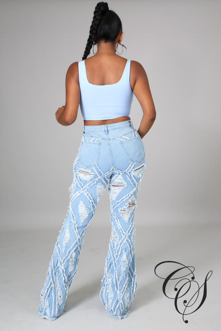 Kris Diamond Destroyed Ripped Flare Denim Pants