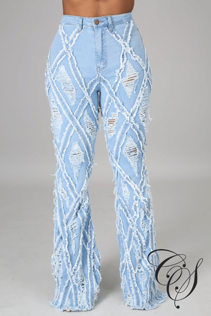 Kris Diamond Destroyed Ripped Flare Denim Pants