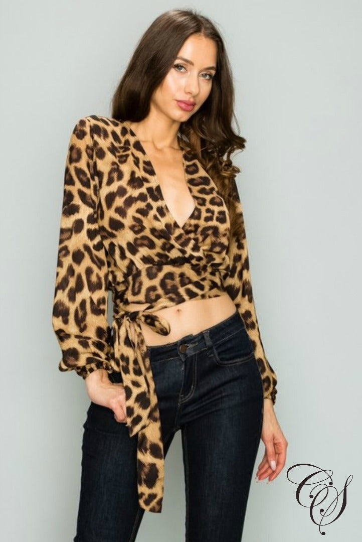 Kristina Plunging Tie-Front Leopard Print Top, Top - Designs By Cece Symoné
