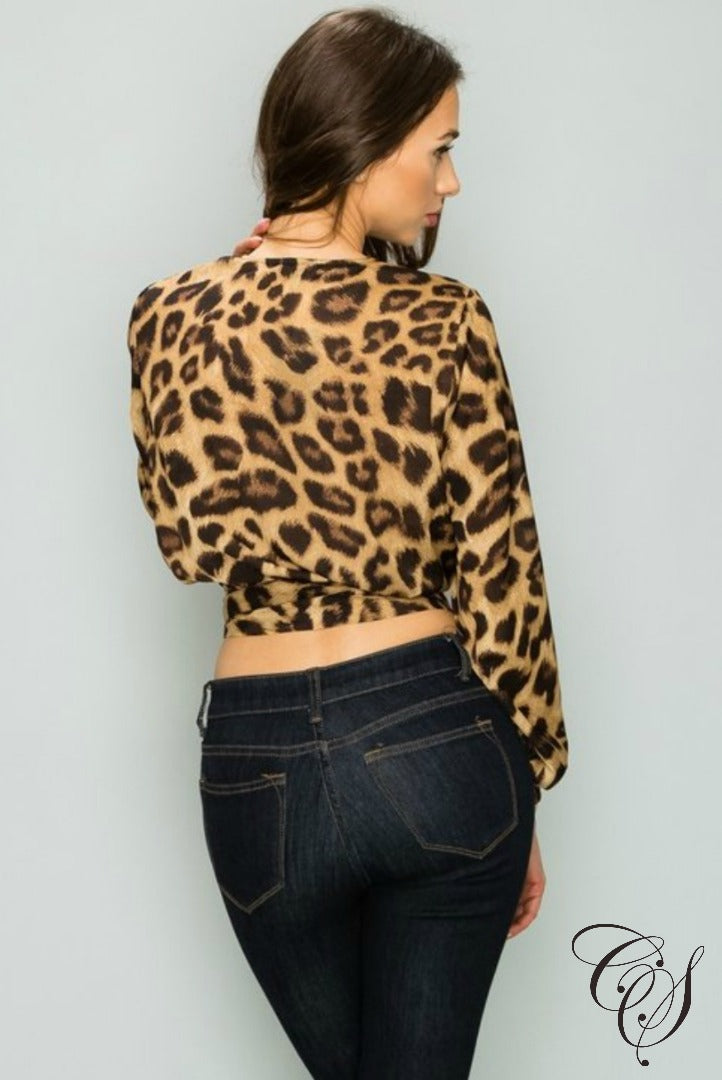 Kristina Plunging Tie-Front Leopard Print Top, Top - Designs By Cece Symoné