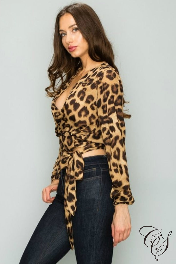 Kristina Plunging Tie-Front Leopard Print Top, Top - Designs By Cece Symoné