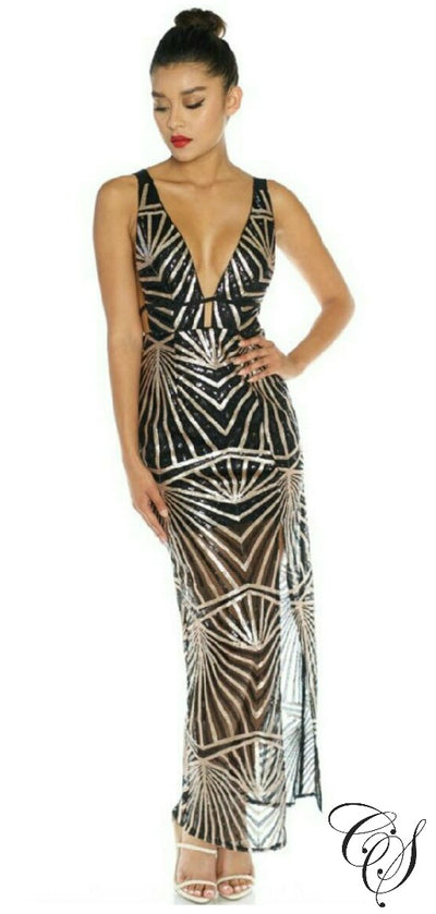 Lanise Black Gold Geometric Sequin Maxi Dress, Dresses - Designs By Cece Symoné
