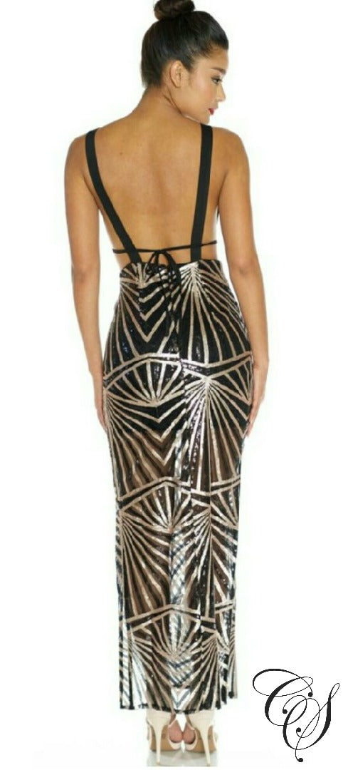 Lanise Black Gold Geometric Sequin Maxi Dress, Dresses - Designs By Cece Symoné