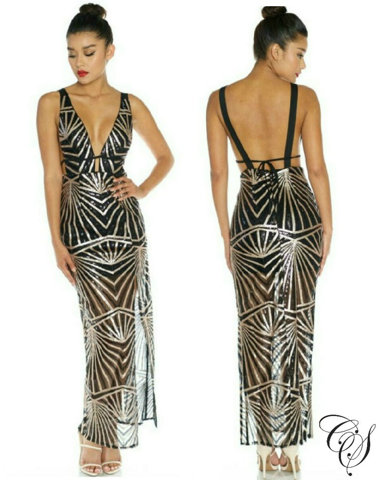 Lanise Black Gold Geometric Sequin Maxi Dress, Dresses - Designs By Cece Symoné