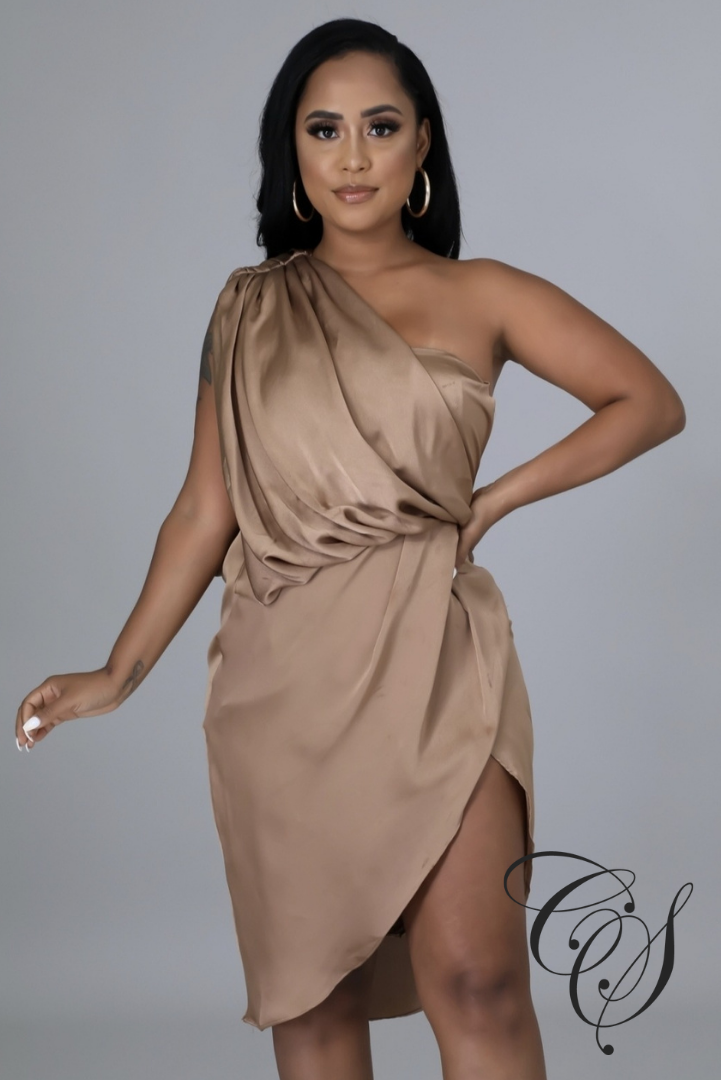 Ledina Satin Draped One Shoulder Midi Dress