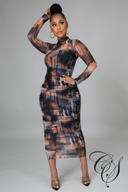 Lee Multi Tie Dye Print Mesh High Neck Ruched Bodycon Dress