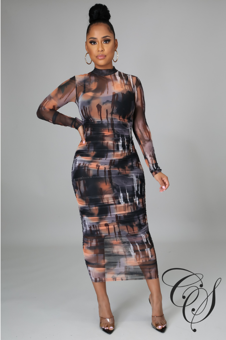 Lee Multi Tie Dye Print Mesh High Neck Ruched Bodycon Dress