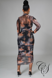 Lee Multi Tie Dye Print Mesh High Neck Ruched Bodycon Dress
