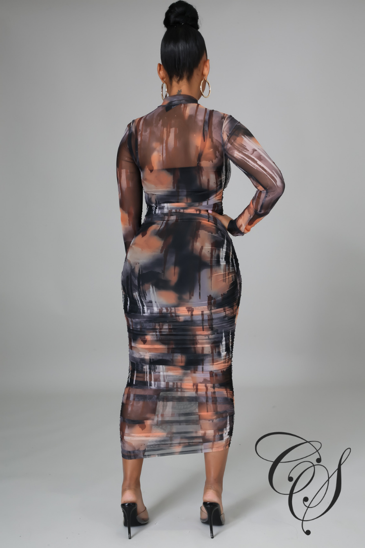 Lee Multi Tie Dye Print Mesh High Neck Ruched Bodycon Dress