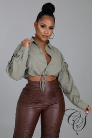 Lesa Drawstring Detail Button Down Crop Blouse