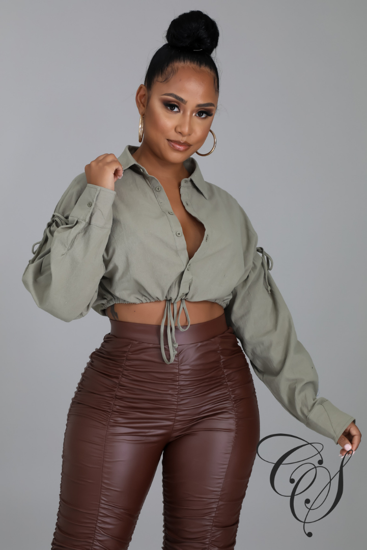 Lesa Drawstring Detail Button Down Crop Blouse