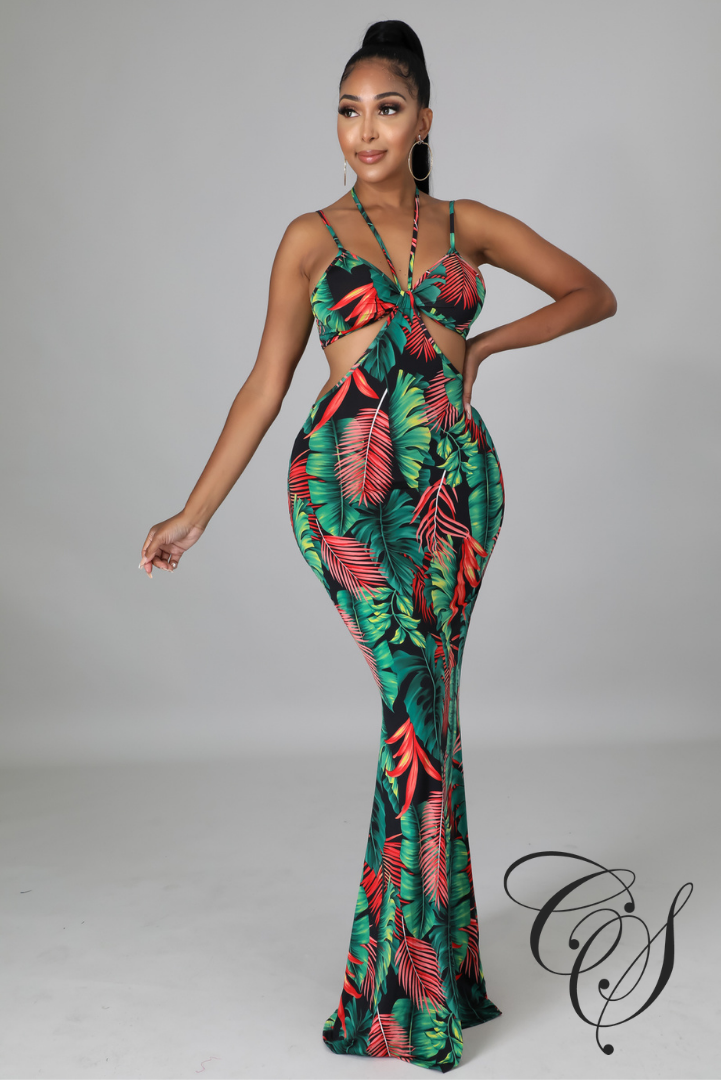 Lizzo Tropical Print Strappy Cut Out Maxi Dress