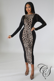 Lonia Contrast Leopard Print Long Sleeve Midaxi Dress