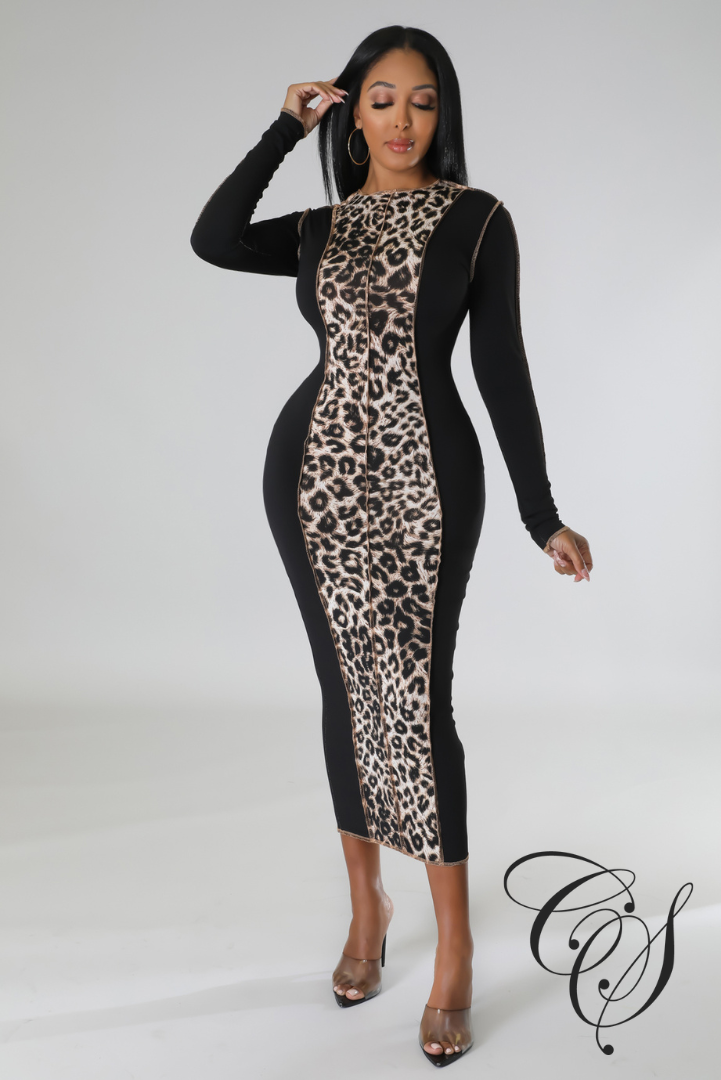 Lonia Contrast Leopard Print Long Sleeve Midaxi Dress