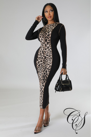 Lonia Contrast Leopard Print Long Sleeve Midaxi Dress