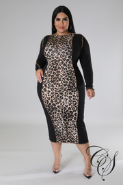 Lonia Contrast Leopard Print Long Sleeve Midaxi Dress