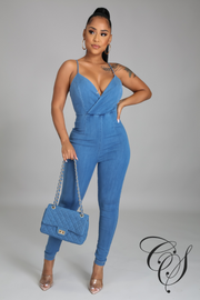 Lovie Back Cutout Front Wrap Denim Jumpsuit