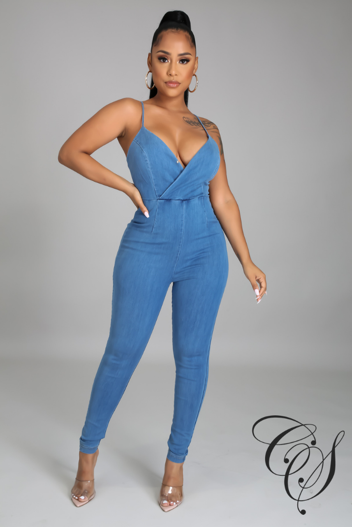Lovie Back Cutout Front Wrap Denim Jumpsuit