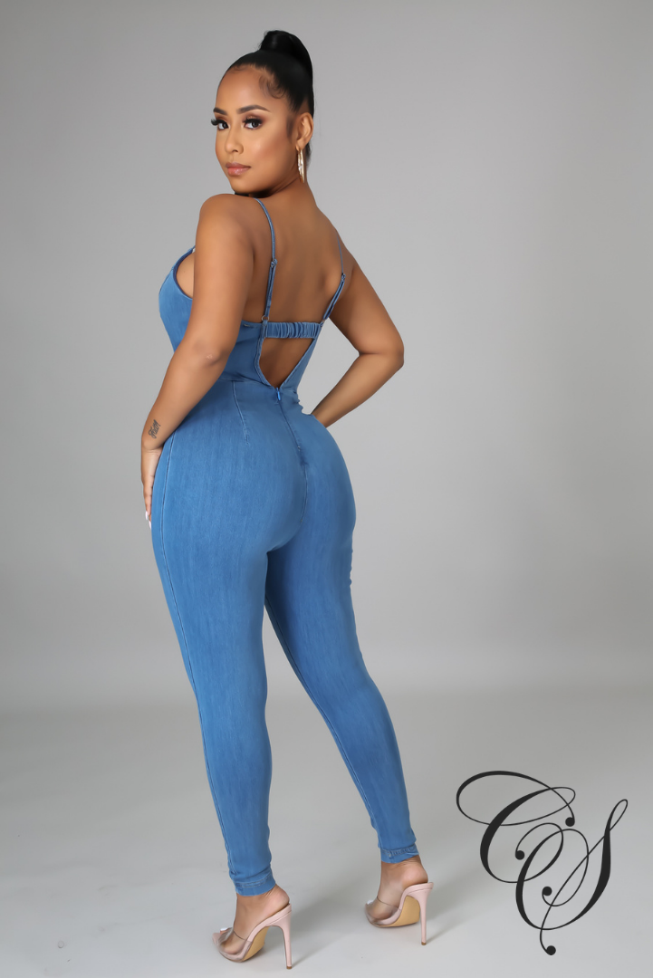 Lovie Back Cutout Front Wrap Denim Jumpsuit