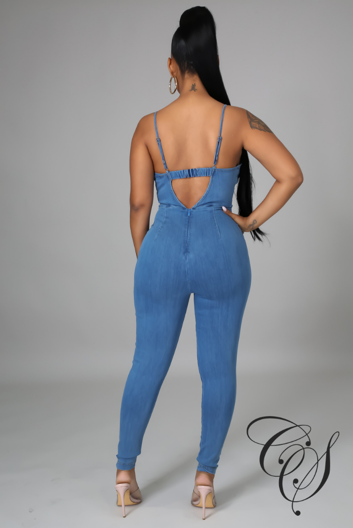 Lovie Back Cutout Front Wrap Denim Jumpsuit