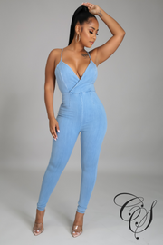 Lovie Back Cutout Front Wrap Denim Jumpsuit