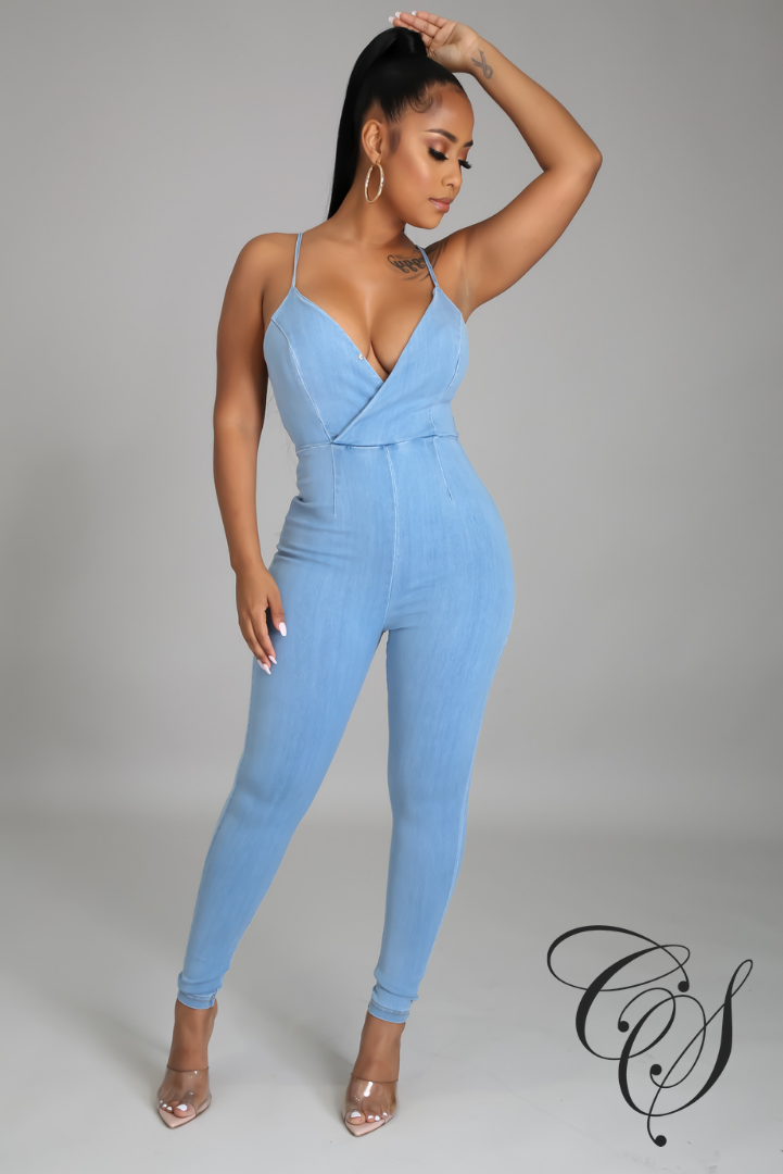 Lovie Back Cutout Front Wrap Denim Jumpsuit