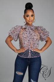 Lynn Mesh Dot Print Button Blouse