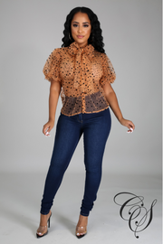 Lynn Mesh Dot Print Button Blouse