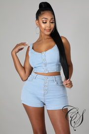 Magdalena Denim Button Crop Top & Shorts Set