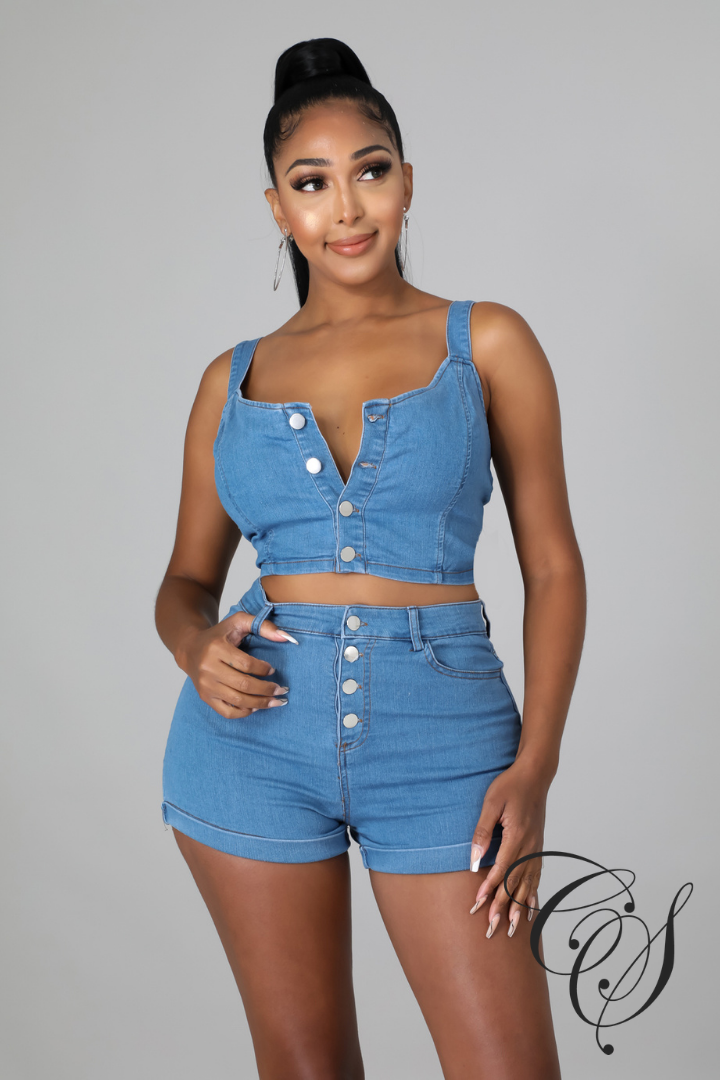 Magdalena Denim Button Crop Top & Shorts Set